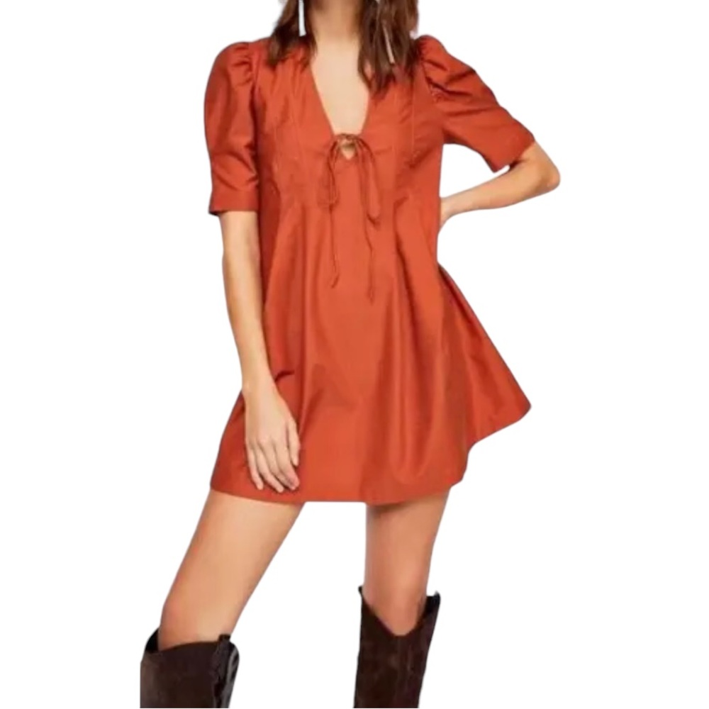 Free People Adelle Brick Orange V-Neck Mini Dress